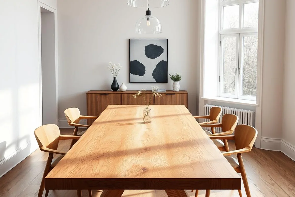 Esstisch mit Tischplatte aus Eschenholz in einem modernen Wohnzimmer.