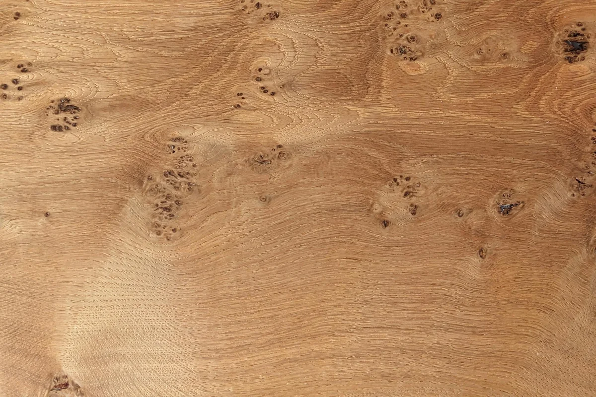 Detailaufnahme einer geölten Massivholz-Tischplatte aus Eiche — sichtbare Maserung als Zeichen für Langlebigkeit