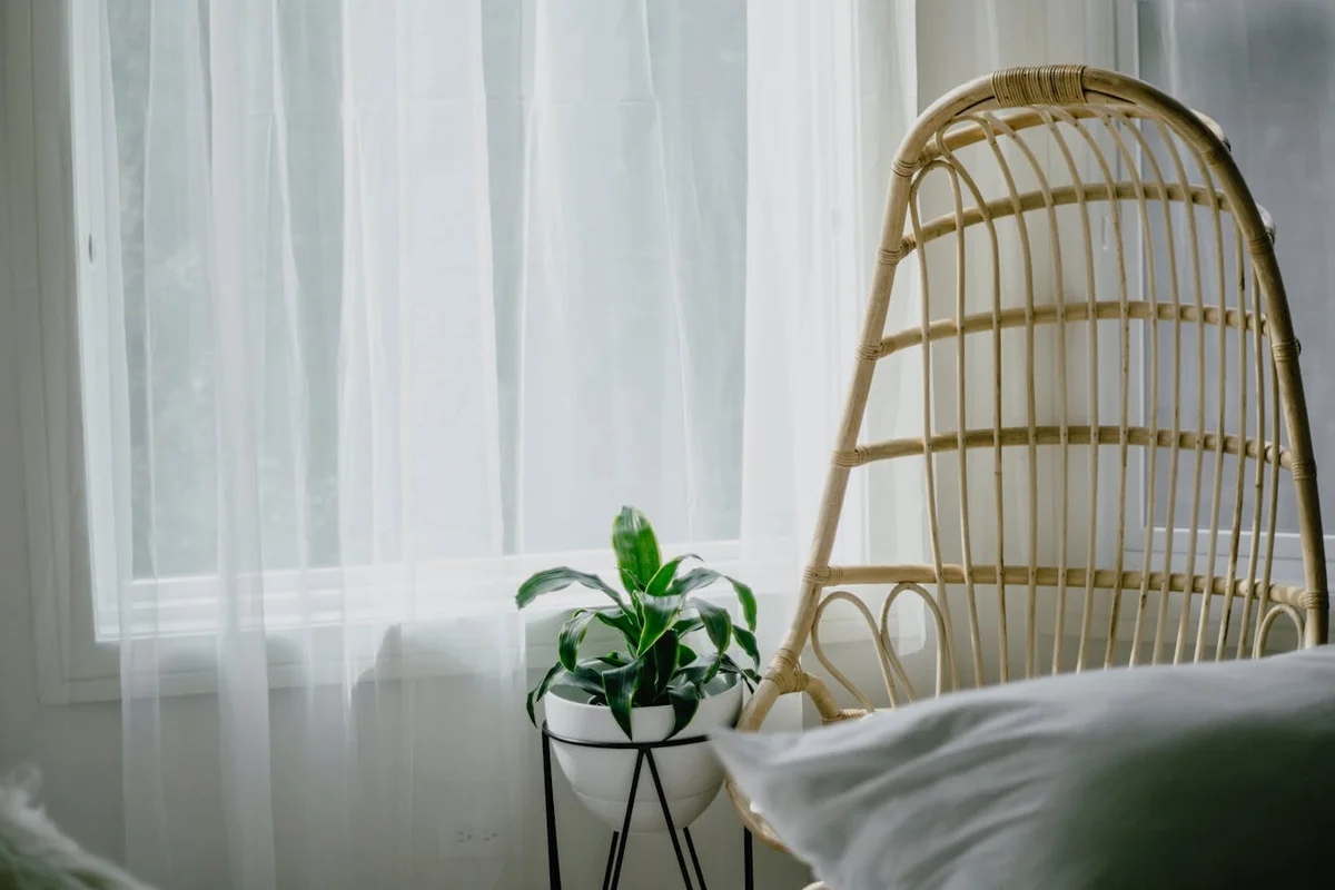 Eleganter Rattan-Hängesessel vor weißem Vorhang in naturnahemInnenraum