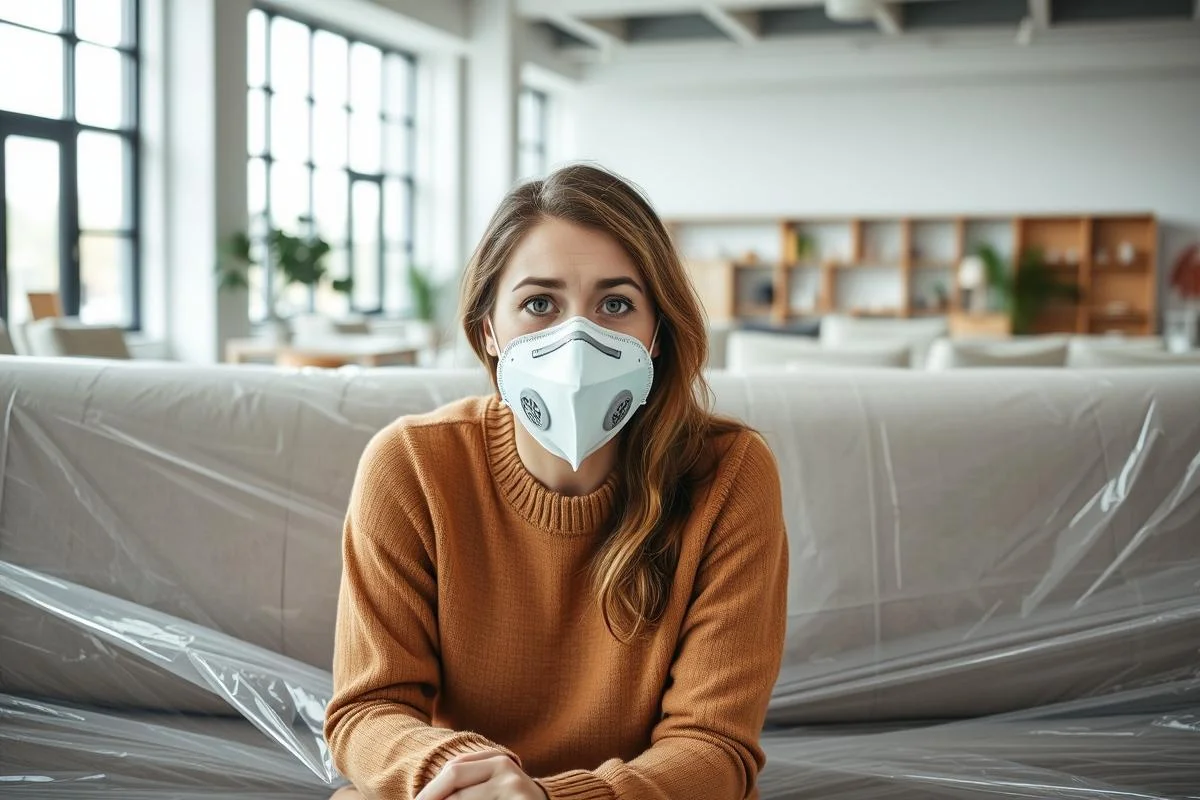 Frau mit Atemschutzmaske auf einem plastikverhüllten Sofa im Möbelhaus — Schutz vor Möbelausdünstungen