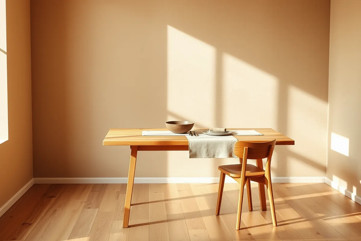 Wohnraum im Wabi-Sabi-Stil mit Massivholztisch, Keramikschale und Lehmwand in Erdtönen