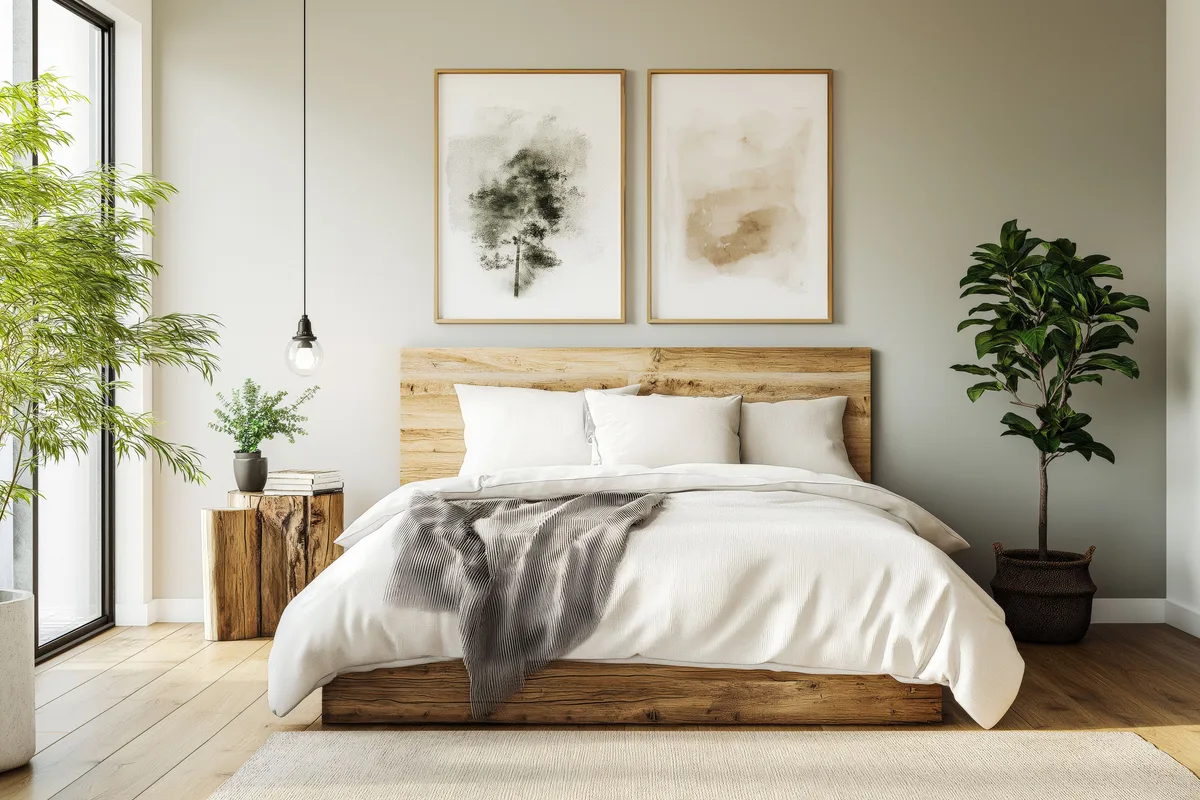 Helles Schlafzimmer mit Bettgestell und Nachttisch aus massivem, maserigem Holz im skandinavischen Stil.