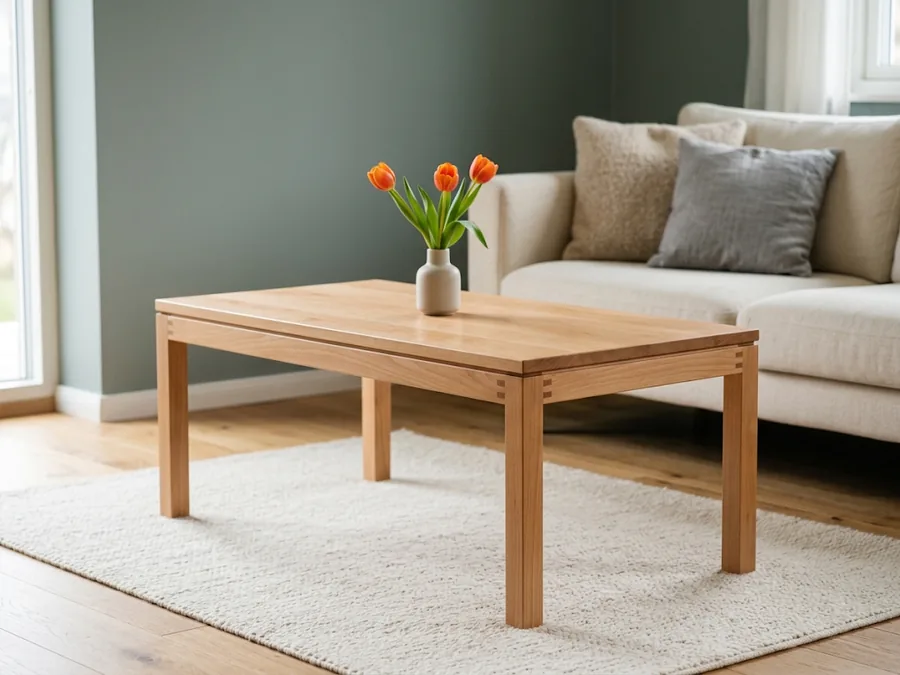 Couchtisch aus Buche Massivholz mit Tulpen vor hellem Sofa im Wohnzimmer