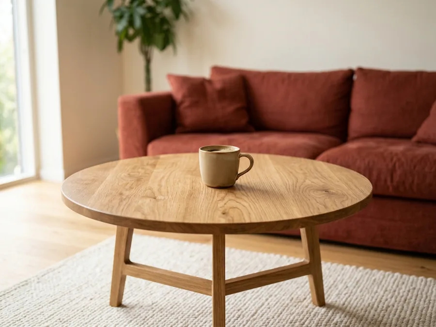 Runder Couchtisch aus Eiche Massivholz mit Keramiktasse vor rotem Leinensofa