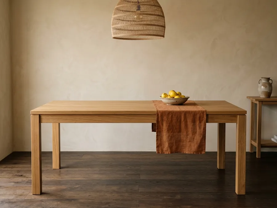 Massivholz Esstisch aus Eiche mit Holzbeinen im Essbereich mit Rattanleuchte