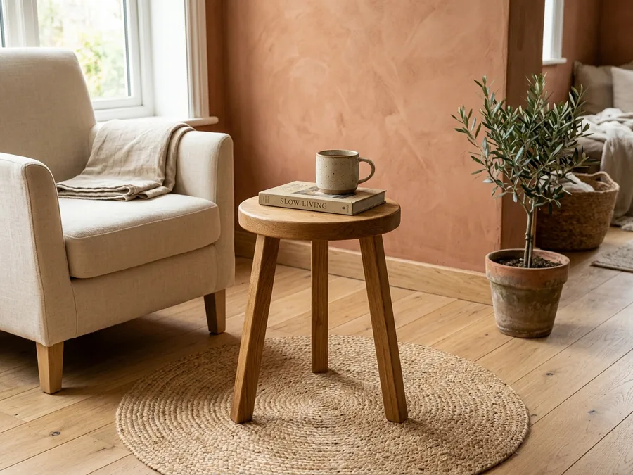 Runder Massivholz Hocker aus Eiche als Beistelltisch neben einem Leinensessel vor Terrakotta-Wand