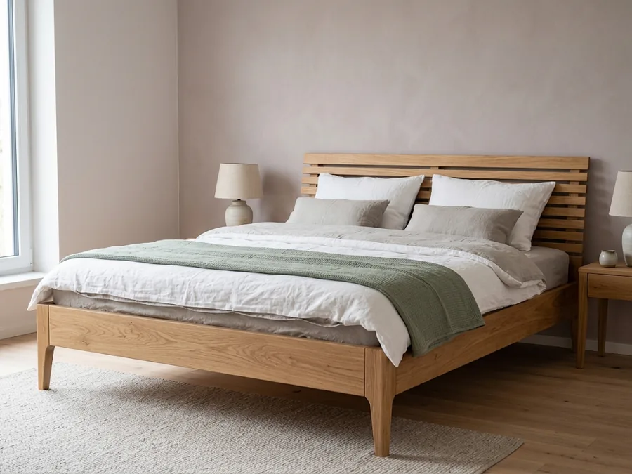 Massivholzbett mit Lattenkopfteil und heller Leinenbettwäsche im ruhigen Schlafzimmer